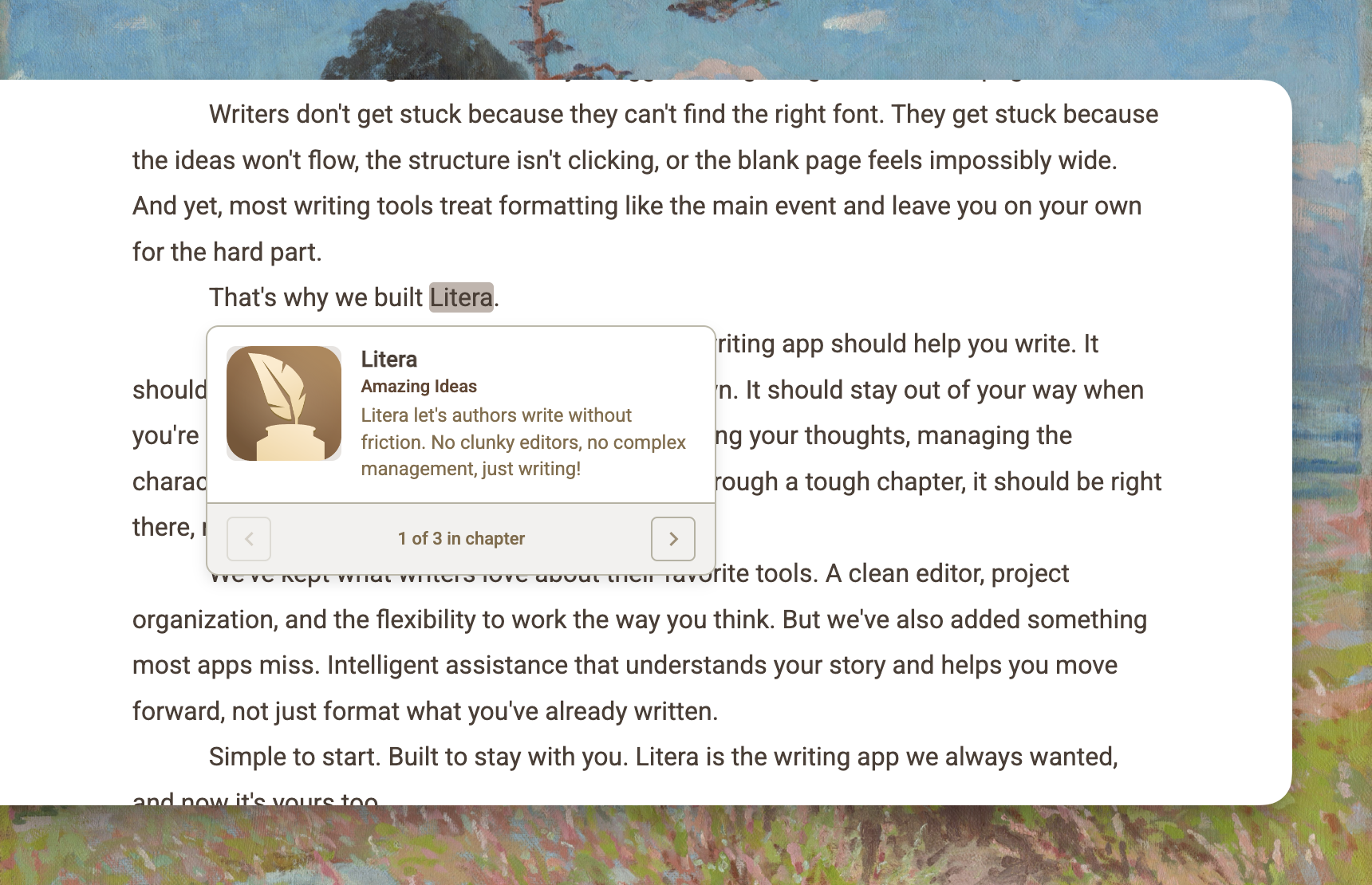 Inline concept popup showing character portrait and concept details