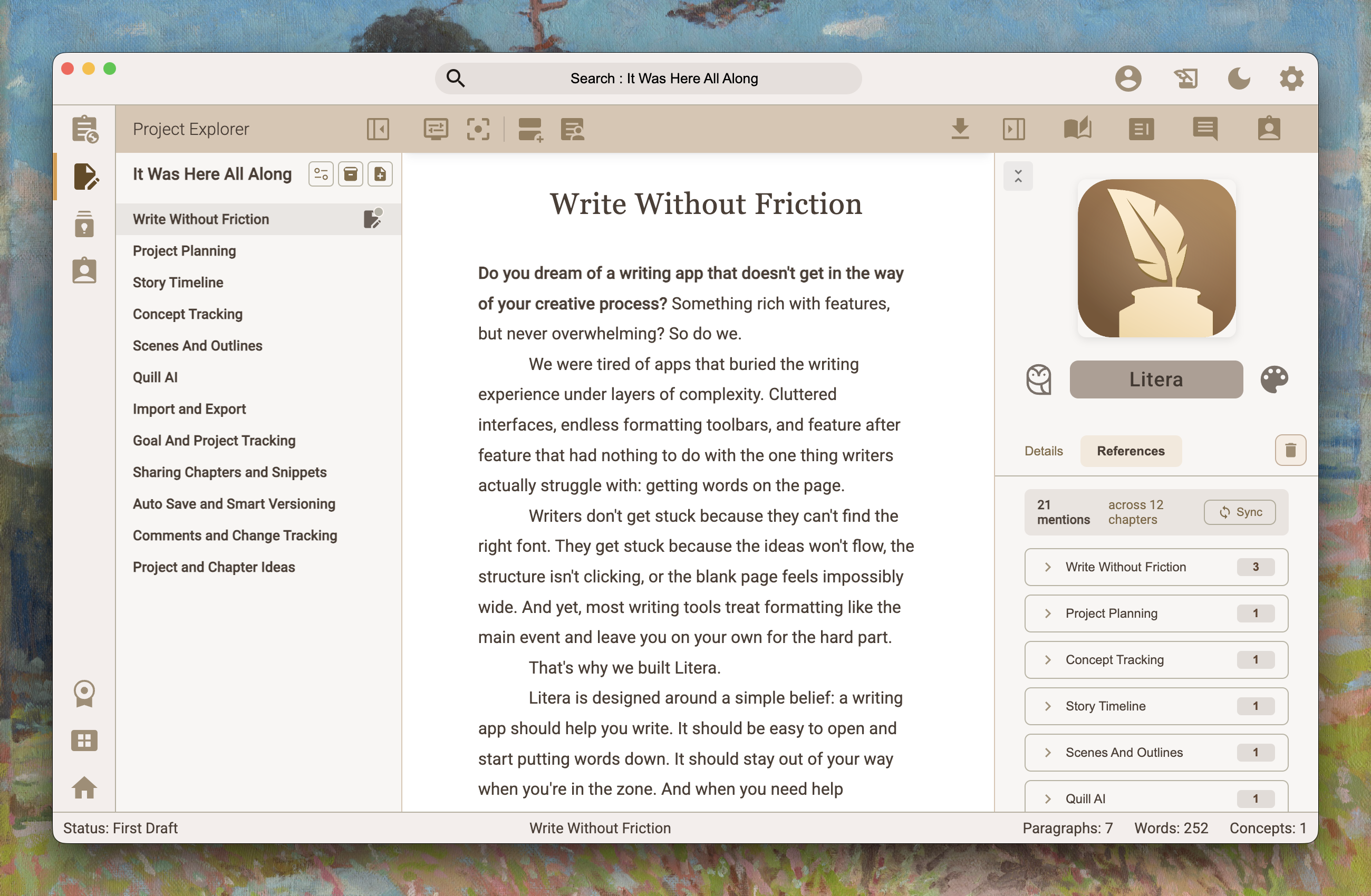Concept graph showing mentions tracked across chapters with expandable reference context