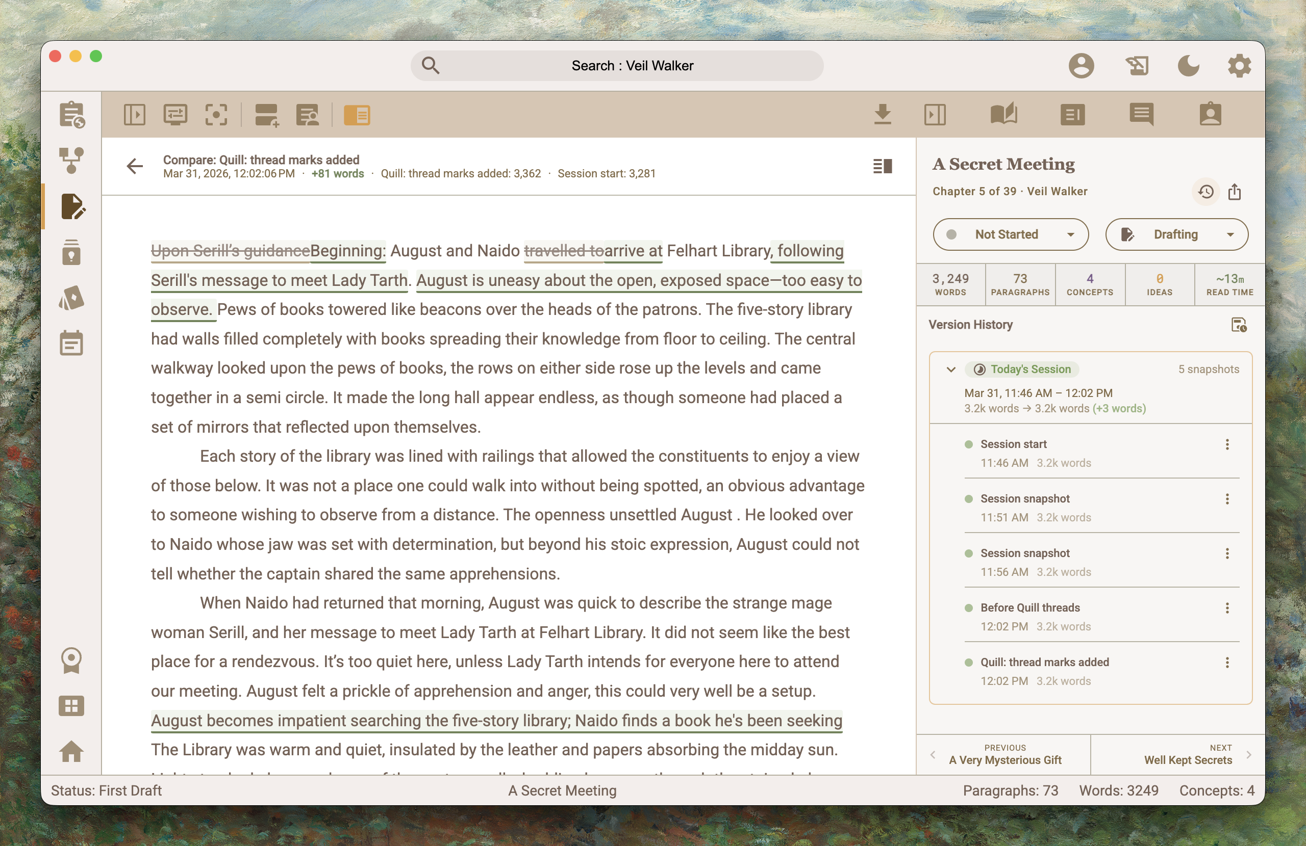 Chapter and scene sidebar showing manuscript structure with progress indicators