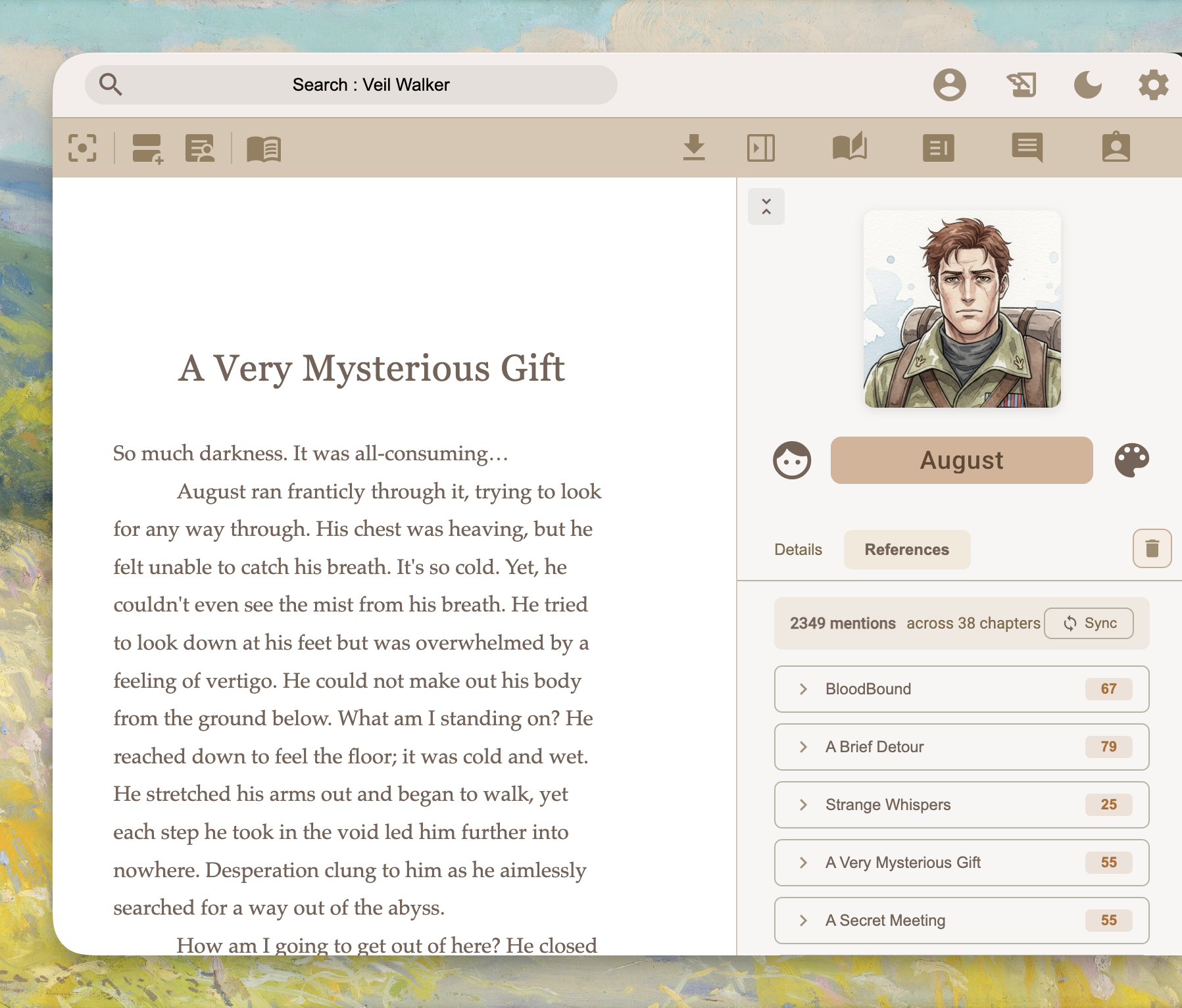 World bible showing magic systems, factions, and species with grouped categories and reference counts