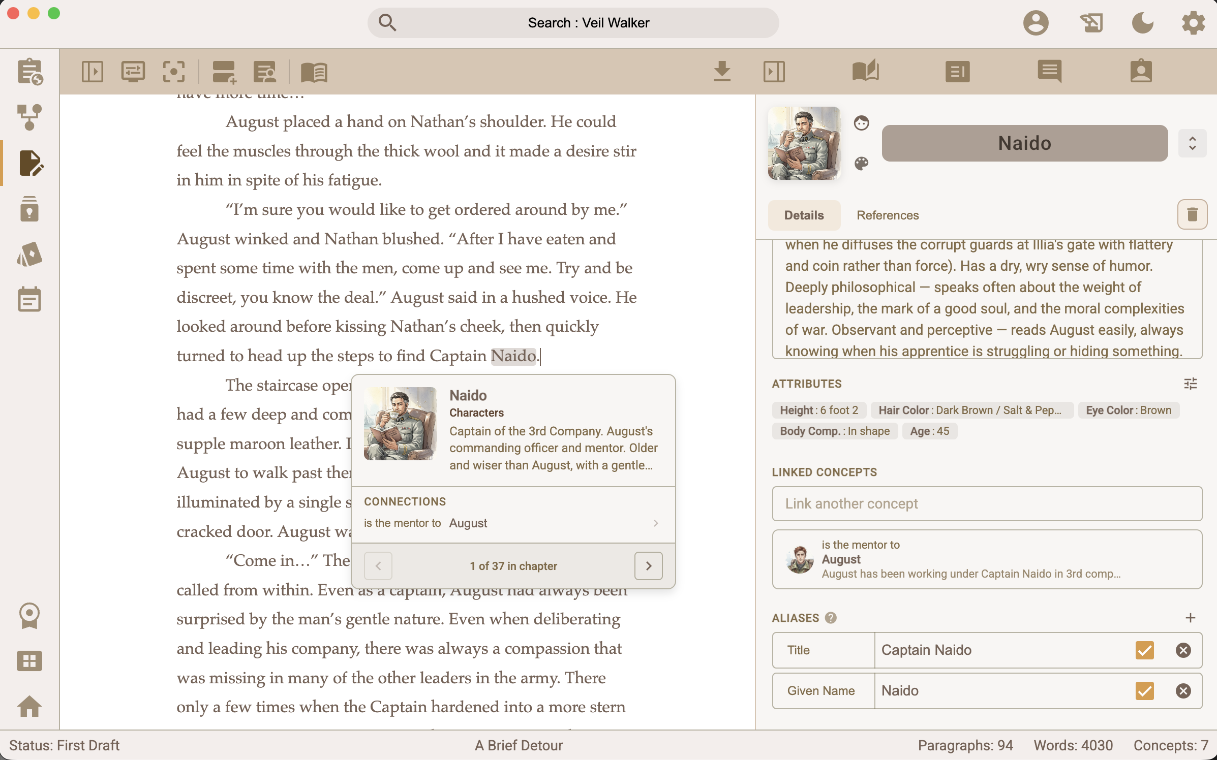 Concept reference view showing character mentions across chapters with surrounding text