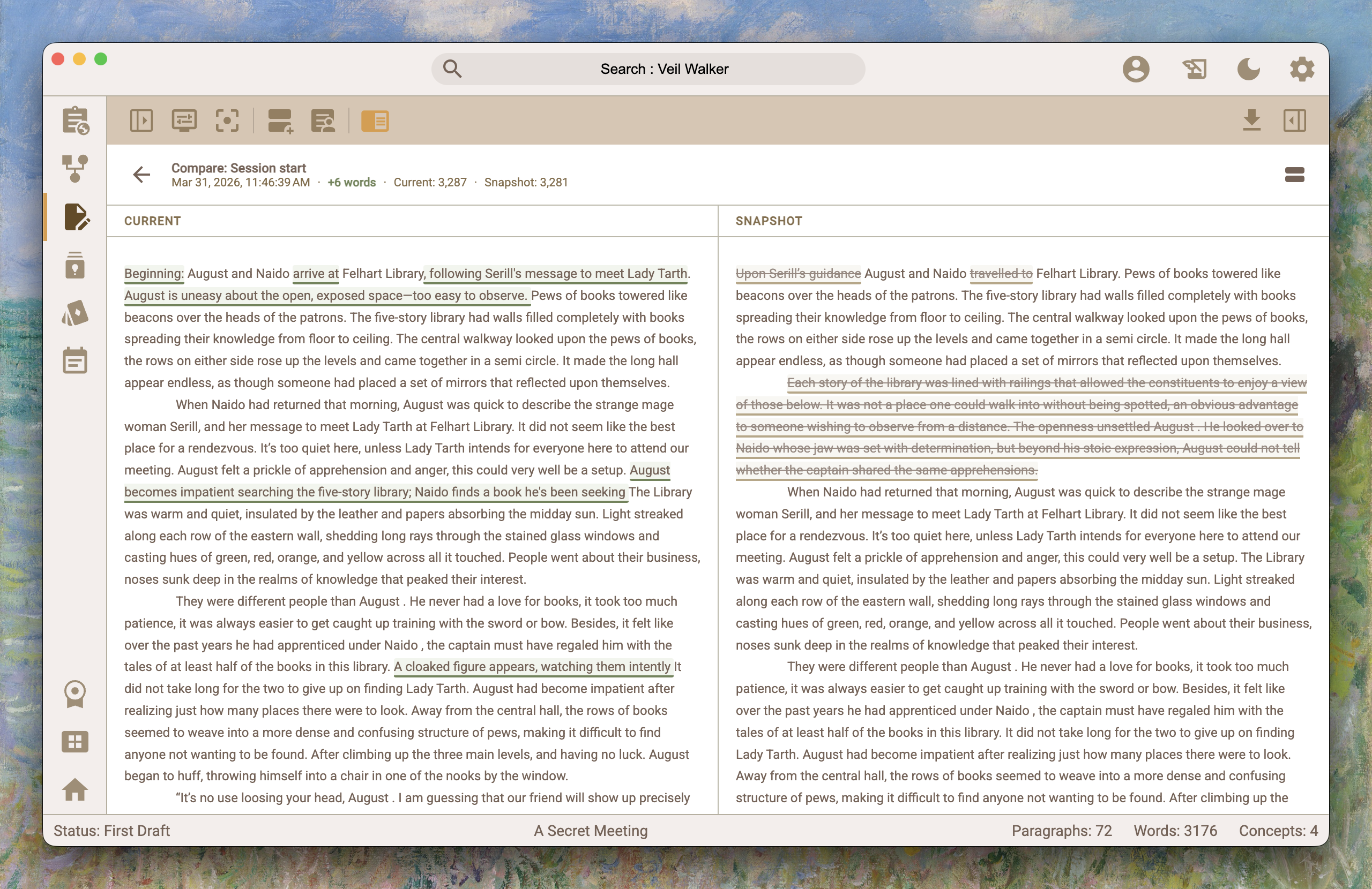 Side-by-side draft comparison view with highlighted changes