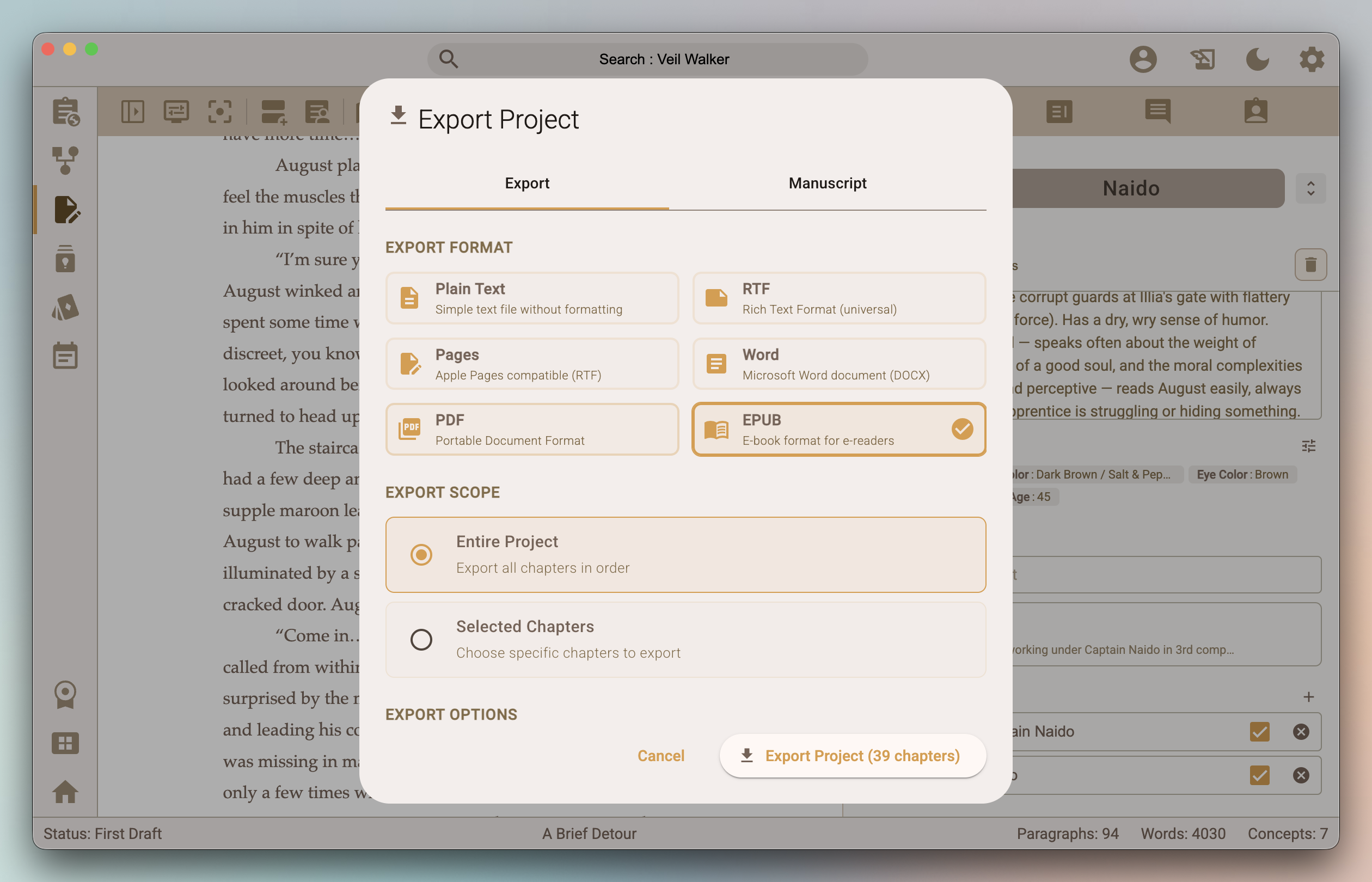 Publisher-ready manuscript export with chapter structure and professional formatting