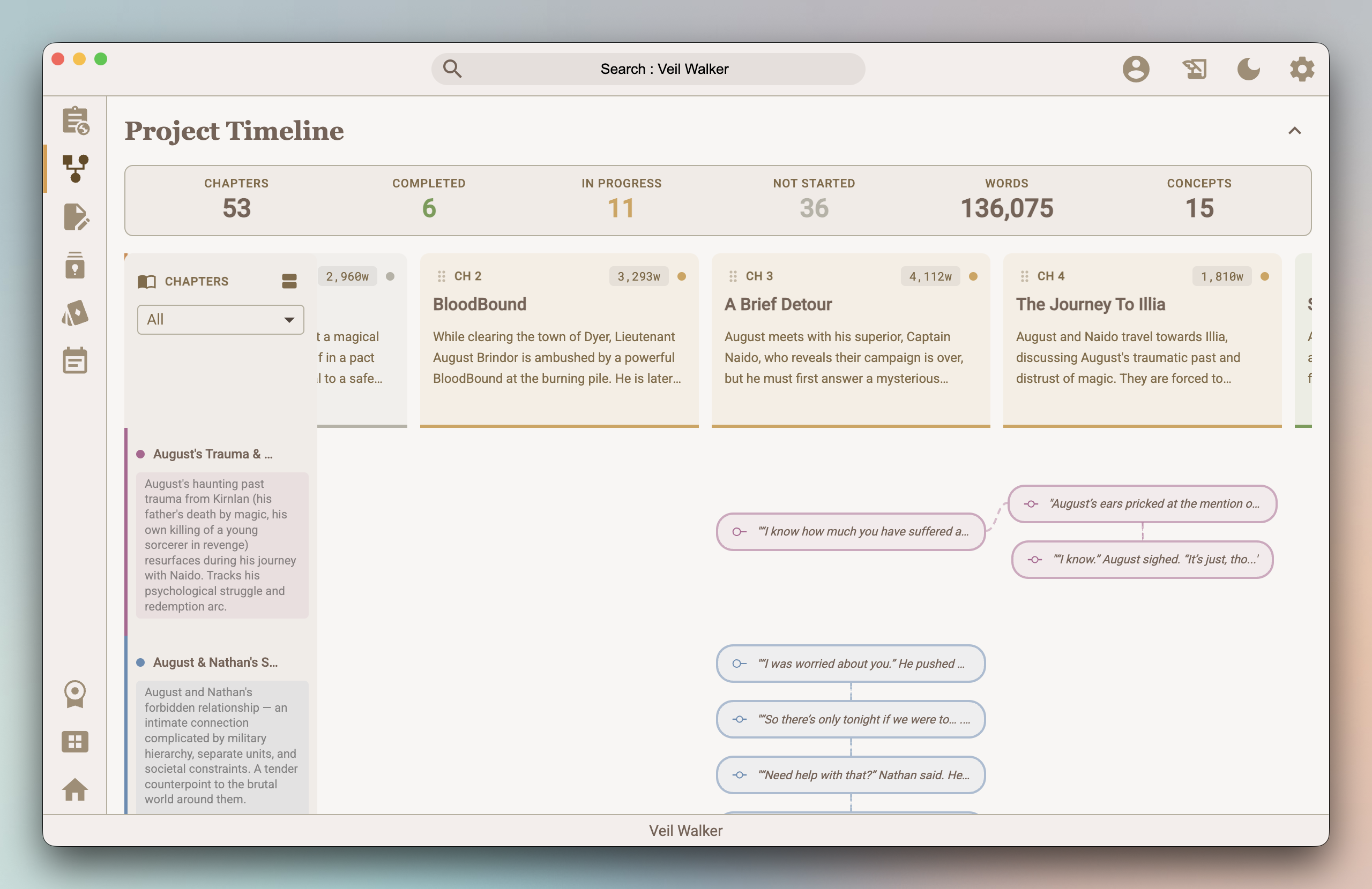 Timeline view with events from different eras and parallel narrative strands